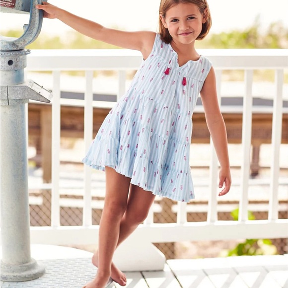 Hatley Girls Chambray Stripe & Pink Pineapple Tassel Tiered Dress, 4 - Picture 3 of 6